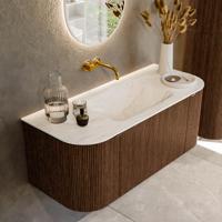 Badmeubel Mondiaz Kurve-Dlux | 110 cm | Meubelkleur Walnut | Wastafelkleur Ostra | Solid surface | Midden spoelbak | Zonder kraangat(en)