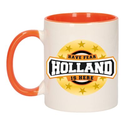 Have fear Holland is here mok/ beker oranje wit 300 ml Have fear Holland is here mok/ beker oranje wit 300 ml