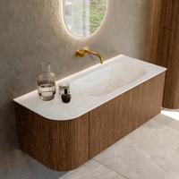 Mondiaz KURVE-DLUX 115 cm Onderkast Greeploos 1 Lade Met Deuren Walnut, Wastafel Solid Surface Rechts Ostra 0 Kraangaten Zonder Spiegel (KRVBGS115L1L1D0KR-Wal/Ost)
