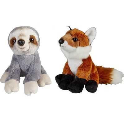 Bosdieren zachte pluche knuffels 2x stuks - Vos en Luiaard van 15 cm