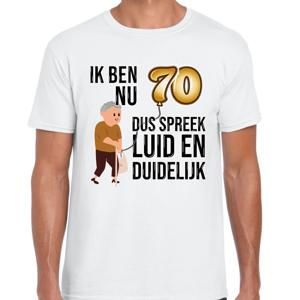 Cadeau T-shirt heren - leeftijd 70 jaar - wit - luid en duidelijk - verjaardagsfeest