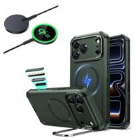 iPhone 17 Pro Max Bundle Cyber Tough Magnetic Case (Camera Control, Stash Stand) and Magnetic Charging Pad (Qi2) - Olive Green