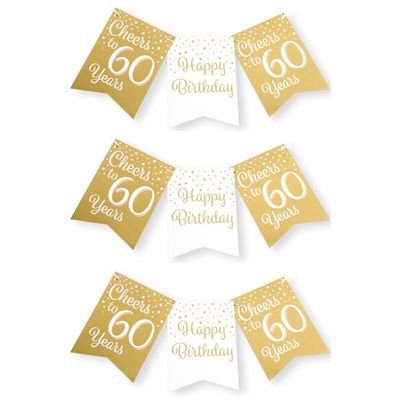 Verjaardag vlaggenlijn 60 jaar - 3x - binnen - karton - wit/goud - 600 cm Verjaardag vlaggenlijn 60 jaar - 3x - binnen - karton - wit/goud - 600 cm