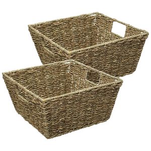 5Five Rieten opbergmand - 4x - gevlochten - beige/zwart - 31 x 31 x 15 cm - kastmanden