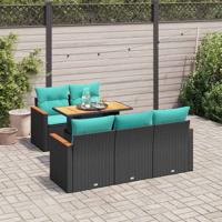 6-delige Loungeset met kussens poly rattan zwart