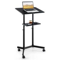 Lessenaar op Wielen Klein Mobiel Staand Bureau voor Laptop in Hoogte Verstelbaar Kantelbaar Blad Plank Bekerhouder Zwart