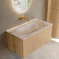 Badmeubel Mondiaz Kurve-Dlux | 90 cm | Meubelkleur Oak | Wastafelkleur Nata | Solid surface | Wasbak midden spoelbak | Zonder kraangat(en)