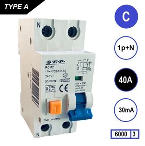 SEP Aardlekautomaat 40A C Kar 30mA 2 polig 36mm RCM2 Kema Keur 230V automaat en aardlek in een