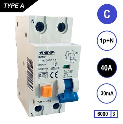 SEP Aardlekautomaat 40A C Kar 30mA 2 polig 36mm RCM2 Kema Keur 230V automaat en aardlek in een