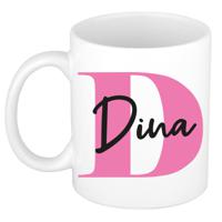 Naam mok Dina - roze - wit - keramiek - 300 ml - verjaardag/cadeau beker