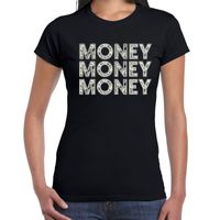 Money money money fun tekst t-shirt zwart voor dames - thumbnail