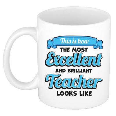 Cadeau koffie/thee mok - excellent leraar/mentor - wit - keramiek - 300 ml