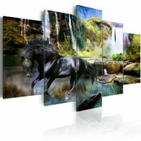 Schilderij - Zwart Paard voor Waterval IV, zwart/groen/blauw, Premium print , wanddecoratie ,5luik - thumbnail