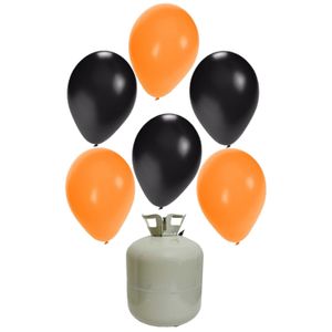 20x Helium ballonnen zwart/oranje 27 cm + helium tank/cilinder