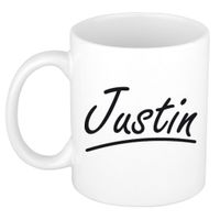 Naam cadeau mok / beker Justin met sierlijke letters 300 ml - thumbnail