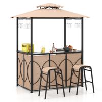 194 x 121 x 242 cm Grillgazebo 3-Delige Terrasbarset met 2 Krukken Gehard Glazen Tafel Metalen Planken BBQ-Overkapping voor Tuin