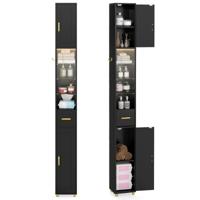 Hoge Smalle Badkamerkast Met Lades Voorzien Van Driekleurige Led-stripverlichting En Drie Glazen Planken