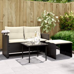 3-delige Loungeset met kussens poly rattan zwart