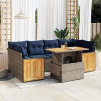 7-delige Loungeset met kussens poly rattan acacia grijs