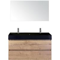 Maxx XL Badmeubelset 120 cm - Natuur Eiken - Wastafel Kube Enkel Zwart 2 Kraangaten met Spiegel