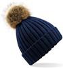 Beechfield CB412 Faux Fur Pop Pom Chunky Beanie - Navy - One Size