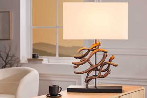 Design tafellamp WAVE 60cm natuurlijk massief hout handgemaakte beige katoenen kap - 43931
