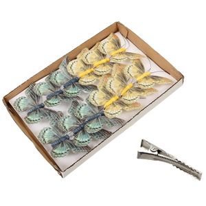 Decoratie vlinders op clip - 12x stuks - groen en goud - 9 cm - kunststof