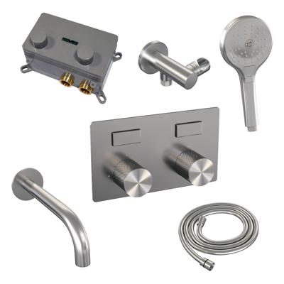 Thermostatische Inbouw Badkraan Brauer Brushed Carving Met Drukknoppen SET 04 Met Uitloop En 3-Standen Handdouche En Doucheslang En Wandaansluitbocht