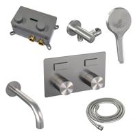 Thermostatische Inbouw Badkraan Brauer Brushed Carving Met Drukknoppen SET 04 Met Uitloop En 3-Standen Handdouche En Doucheslang En Wandaansluitbocht Thermostatische Inbouw Badkraan Brauer Brushed Carving Met Drukknoppen SET 04 Met Uitloop En 3-Standen Handdouche En Doucheslang En Wandaansluitbocht