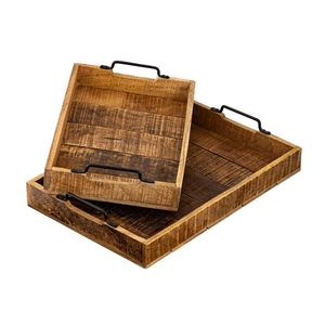 Bobbel Home - Houten Dienblad Decoratief Set van 2 Stuks - 46x31cm - Bruin - Mangohout