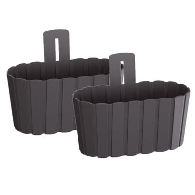 Set van 2x stuks wood-look muur plantenpot/bloempot kunststof dia 27 cm/hoogte 15 cm antraciet Set van 2x stuks wood-look muur plantenpot/bloempot kunststof dia 27 cm/hoogte 15 cm antraciet