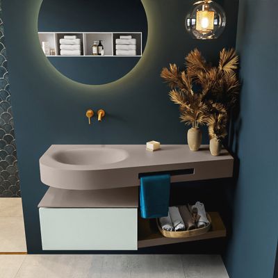 MONDIAZ RIVA 120cm badmeubel onderkast / planchet kleur Greey met 1 lade. Wastafel DULCET links 0 kraangaten kleur Smoke. MONDIAZ RIVA 120cm badmeubel onderkast / planchet kleur Greey met 1 lade. Wastafel DULCET links 0 kraangaten kleur Smoke.