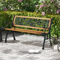 126 cm Lange Tuinbank Parkbank met Gegoten Metalen Frame en Houten Zitting Ergonomische Bank voor 3 Personen Natuur