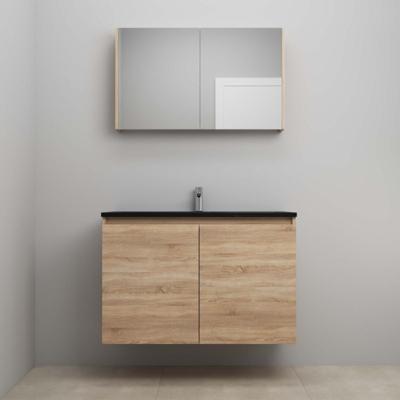 On-Line Badkamermeubelset - 100 cm - Voorgemonteerd - Greeploze Ladestructuur - Acryl Wastafel - 1 Kraangat - Spiegelkast - Eiken