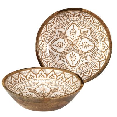 Salade serveer schaal - 2x - Fruitschaal/fruitmand - mango hout - D28 x H7 cm - bruin/print