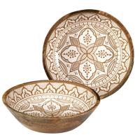 Salade serveer schaal - 2x - Fruitschaal/fruitmand - mango hout - D28 x H7 cm - bruin/print Salade serveer schaal - 2x - Fruitschaal/fruitmand - mango hout - D28 x H7 cm - bruin/print