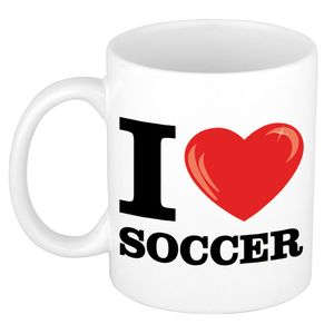 I Love Soccer / voetbal cadeau mok / beker wit met hartje 300 ml   -