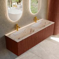 Badmeubel Mondiaz Kurve-Dlux | 150 cm | Meubelkleur Ruby | Wastafelkleur Nata | Solid surface | Wasbak beide zijden spoelbak | 2 kraangaten
