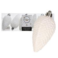 Kersthangers dennenappels - 6x st - wit - glitter - 8 cm - kunststof - kerstversiering Kersthangers dennenappels - 6x st - wit - glitter - 8 cm - kunststof - kerstversiering