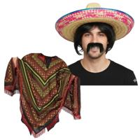 Carnaval verkleed set - Mexicaanse poncho sombrero hoed en plaksnor - gekleurd - heren Carnaval verkleed set - Mexicaanse poncho sombrero hoed en plaksnor - gekleurd - heren