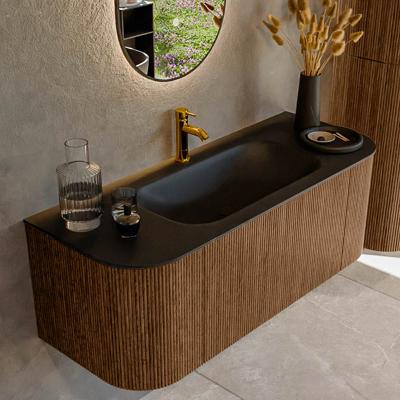 Mondiaz KURVE 120 cm Onderkast Greeploos 1 Lade Met Deuren Walnut, Wastafel Solid Surface Midden Urban 1 Kraangat Zonder Spiegel (KRVBGS120L+R1L2D1KM-Wal/Urb)