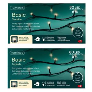 Kerstverlichting - 2x - 80 led lampjes - warm wit - 6 meter - zwart snoer - lichtsnoer