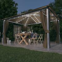 Prieel met gordijn en LED-lichtslinger 4x3 m aluminium taupe