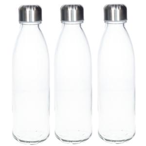 Waterfles/drinkfles - 3x - transparant - met RVS dop - 650 ml - glas - Sportfles - Bidon