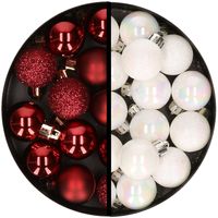 34x stuks kunststof kerstballen donkerrood en parelmoer wit 3 cm - thumbnail