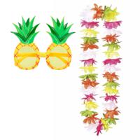 Tropische Hawaii party verkleed accessoires set - Ananas zonnebril - en bloemenkrans multi kleuren - thumbnail