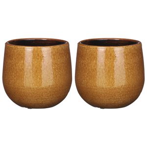 2x Stuks Plantenpot/bloempot keramiek okergeel speels licht gevlekt patroon - D14/H12 cm