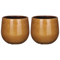 2x Stuks Plantenpot/bloempot keramiek okergeel speels licht gevlekt patroon - D14/H12 cm