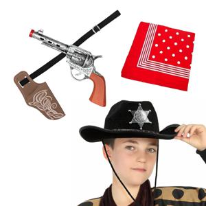 Carnaval Verkleed set - Cowboy hoed zwart/zakdoek rood/holster met revolver - voor kinderen