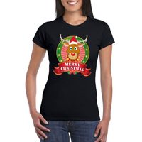 Rudolf Kerst t-shirt zwart Merry Christmas voor dames - thumbnail